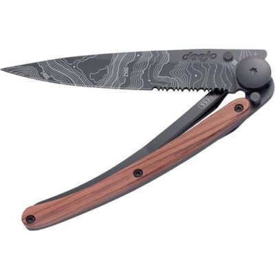 Deejo Serration Lightweight Folding Knife - Black/Coral Wood/Topography - 37g